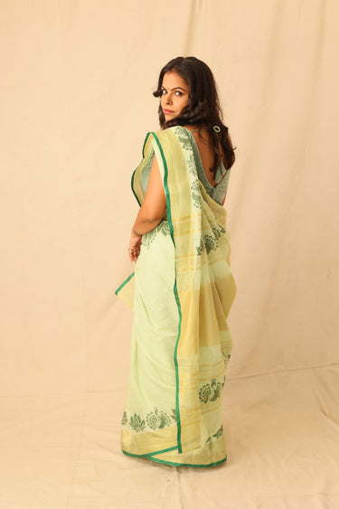 Bright Lime Color Hand-Stencil Printed Linen Saree